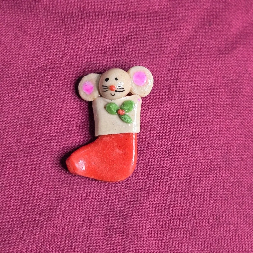 Vintage Christmas Mouse In Stocking Holiday Brooch Pin Handmade Painted Resin